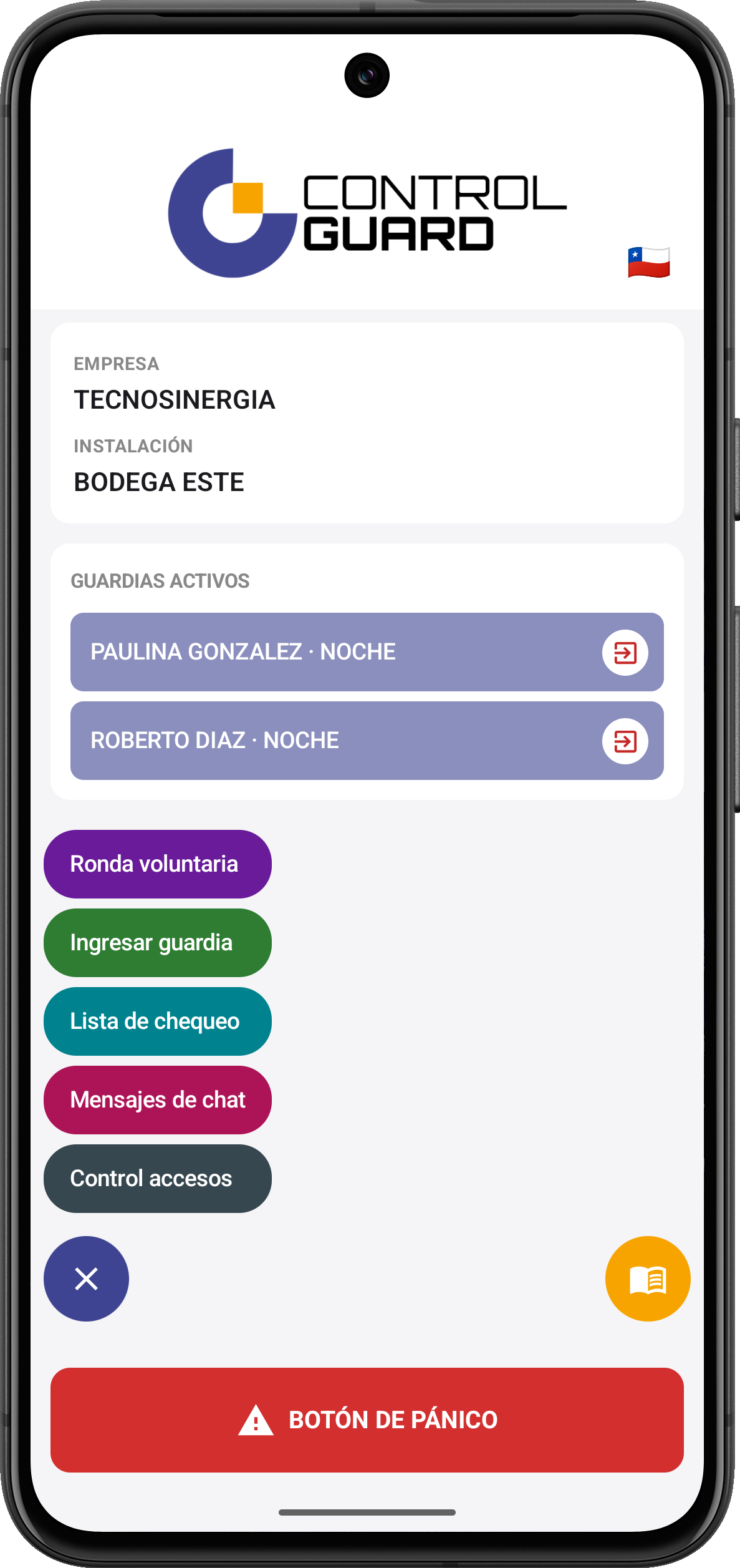 App de rondas de Control Guard con el menú desplegado
